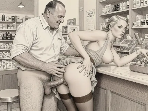 This is a detailed monochromatic pencil drawing in a classical illustrative style depicts a scene set in the 1920s in Germany, a grocery store, a beautiful sexy blonde mother with an elegant hairstyle, a frau with an hourglass figure, dressed in a 1920s summer dress, brown silk stockings, (big tits, wide hips), She's leaning low over the counter with the hem of her dress up and has sex with a an obese ugly old salesman 90yo standing behind of her and fucking her anus with a dick, a an obese old salesman is wearing shirt with the sleeves rolled up, his pants are down, his hairy legs are visible, Old salesman smirks maliciously, (anal sex scene in the store), dick going down into her asshole, (dick in anus), He holds Frau by the hips with his hands and vigorously moves his pelvis. Side view, The overall mood is intense, rendered in fine, expressive line work and subtle shading, evoking the style of 1950s satirical or moralistic illustrations.