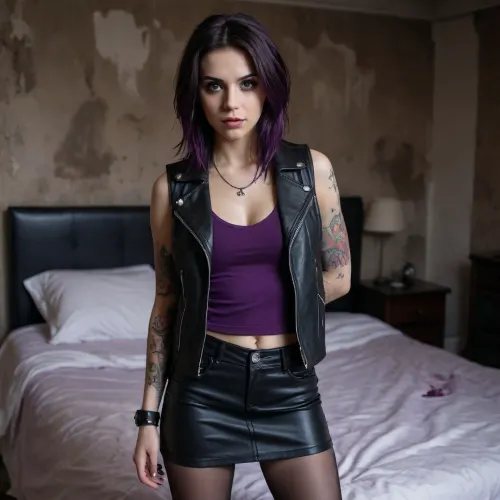 high details, 4k shot, 22yo, realistic eyes, perfect face, perfect teeth, emo makeup, purple finger nails satanic tatoos on arms, straight dark hairs, black miniskirt, purple tights, black leather vest, standing up on a dirty bed, in old abandoned bedroom, dim light, urbex
