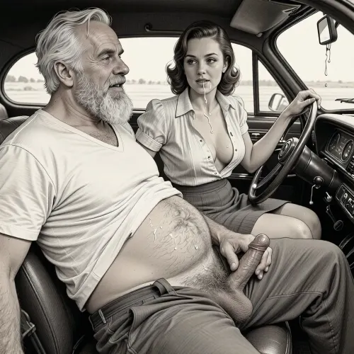 This is a detailed monochromatic pencil drawing in a classical illustrative style depicts a scene set after blowjob in 1950s, (obese bearded white haired older dilf in passenger seat receiving handjob by Beautiful sexy brown elegant hairstyle mother in driver seat), POV, lustful smile, focused on hairy scrotum, mother in driver seat is helping older dilf cum, precum, dripping older dilf's cocks, (((Beautiful sexy brown elegant hairstyle mother with hourglass figure, she is wearing in an open blouse and a skirt, (wide hips)))), (the man one hand grops woman's hip), undersides of penis, ((a woman looks at a man's penis)), dimly lit, tiny penis, sitting in car, fat and skinny, receiving handjob, v neck t shirt pulled up above big hairy belly, ((pubic hair:1.7)), ((scene after blowjob:1.5)), (((a lot cum on woman's face and lips))), sweatpants pulled down, masturbation, hairy scrotum. The overall mood is intense, rendered in fine, expressive line work and subtle shading, evoking the style of 1950s satirical or moralistic illustrations.