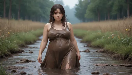 A young, overweight 18-year-old woman with a round face, standing in the mud, she is completely soaked by the rain and covered in mud, her rain-soaked hair is completely covered in mud, her face is completely covered in mud, she is wearing a golden, rain-soaked dress, which is covered in mud