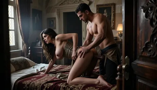 Year 1650 AD. Historically accurate interior of a castle

***********************************************

An insanely hot brunette, wife of persian trader, 34 year old iranian hottie in a tight dress, nipple errect, (huge gigantic round tits:2), voyeuristic view through the almost closed castle bedroom door =
Muscular latino servant is fucking the woman on the bed, on all fours, doggystyle sex, arched back, ass up, massive thick cock penetrating pussy, dick balls dep in pussy, balls hitting her clit, low-key lighting, single weak light source in front of subject, foreground swallowed by darkness, details lost in shadow, (underexposed:.1), silhouette emerging from darkness, heavy grain, unsettling atmosphere in the style of Erika Lust, contemporary art-house cinema, dramatic chiaroscuro lighting, barroque European setting, emotionally authentic, cinematic composition, real and intimate”