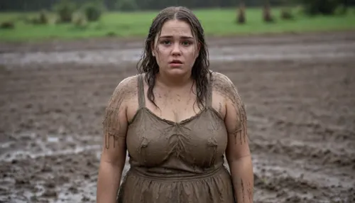 A young, overweight 18-year-old woman with a round face, standing in the mud, she is completely soaked by the rain and covered in mud, her rain-soaked hair is completely covered in mud, her face is completely covered in mud, she is wearing a golden, rain-soaked dress, which is covered in mud