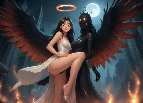 2 characters, WAngel1 is a blond white angel of 20 yo, supermodel body and superb shy face, white victorian dress teared apart and damaged, letting appear her perfect breast, her hands are joined below her touching her own naked tits, her wings spread up, she is leaning over horizontally, her legs bend, she is very arched, her big blue eyes fully open, she is moaning, she is floating in the air, WAngel1 body is in contorsion as she is pivoting to try seeing DAngel1. The lower body is from profile and the upper body face to camera., ((WAngel1 is smaller than DAngel1.)), DAngel1 is a breathtaking dark angel woman of 27 yo with enormous wings made of living shadows and drifting black smoke, pale luminous skin, big eyes, elegant black celestial outfit, broken halo of black thorns and violet light floating above her head. DAngel1 is flying, floating in the air, her body in contorsion, large and smirk smile ., (DAngel1 is taller than WAngel1), DAngel1 is behind WAngel1, DAngel1 is wearing a big strap-on black dildo secured by a harness, she is sodomizing WAngel1 from behind in the ass, with her hands DAngel1 holds WAngel1 body, Scene happening inside a gothic ruin.

They are both flying and floating in air., (((2D hentai, reiq, Jack cayless art style)))