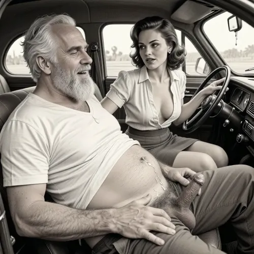 This is a detailed monochromatic pencil drawing in a classical illustrative style depicts a scene set after blowjob in 1950s, (obese bearded white haired older dilf in passenger seat receiving handjob by Beautiful sexy brown elegant hairstyle mother in driver seat), POV, lustful smile, focused on hairy scrotum, milf woman in driver seat is helping older dilf cum, precum, dripping older dilf's cocks, (((Beautiful sexy brown elegant hairstyle mother with hourglass figure, she is wearing in an open blouse and a skirt, (wide hips)))), (the man one hand grops woman's hip), undersides of penis, ((a woman looks at a man's penis)), dimly lit, tiny penis, sitting in car, fat and skinny, receiving handjob, v neck t shirt pulled up above big hairy belly, ((pubic hair:1.7)), ((scene after blowjob:1.5)), (((cum on woman's face and lips))), sweatpants pulled down, masturbation, hairy scrotum. The overall mood is intense, rendered in fine, expressive line work and subtle shading, evoking the style of 1950s satirical or moralistic illustrations.