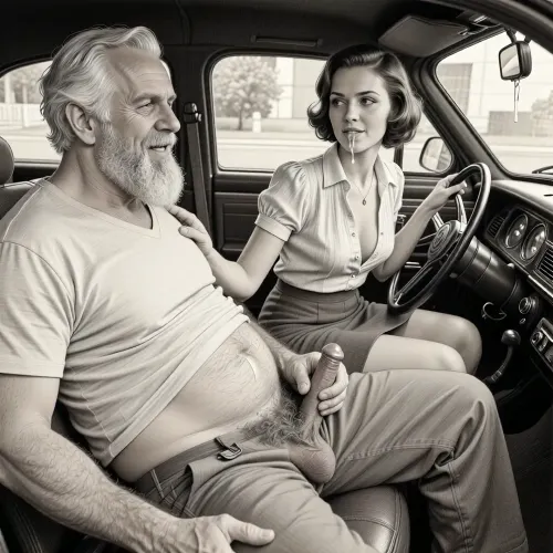 This is a detailed monochromatic pencil drawing in a classical illustrative style depicts a scene set after blowjob in 1950s, (obese bearded white haired older dilf in passenger seat receiving handjob by Beautiful sexy brown elegant hairstyle mother in driver seat), POV, lustful smile, focused on hairy scrotum, milf woman in driver seat is helping older dilf cum, precum, dripping older dilf's cocks, (((beautiful short brown hair milf, madam with hourglass figure, she is wearing in an open blouse and a skirt, (wide hips)))), (the man one hand grops woman's hip), undersides of penis, ((a woman looks at a man's penis)), dimly lit, tiny penis, sitting in car, fat and skinny, receiving handjob, v neck t shirt pulled up above big hairy belly, ((pubic hair:1.7)), ((scene after blowjob:1.5)), cum on woman's lips, sweatpants pulled down, masturbation, hairy scrotum. The overall mood is intense, rendered in fine, expressive line work and subtle shading, evoking the style of 1950s satirical or moralistic illustrations.