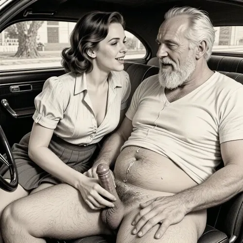 This is a detailed monochromatic pencil drawing in a classical illustrative style depicts a scene set after blowjob in 1950s, (obese bearded white haired older dilf in passenger seat receiving handjob by Beautiful sexy brown elegant hairstyle mother in driver seat), POV, lustful smile, focused on hairy scrotum, milf woman in driver seat is helping older dilf cum, precum, dripping older dilf's cocks, (((Beautiful sexy brown elegant hairstyle mother with hourglass figure, she is wearing in an open blouse and a skirt, (wide hips)))), (the man one hand grops woman's hip), undersides of penis, ((a woman looks at a man's penis)), dimly lit, tiny penis, sitting in car, fat and skinny, receiving handjob, v neck t shirt pulled up above big hairy belly, ((pubic hair:1.7)), ((scene after blowjob:1.5)), cum on woman's lips, sweatpants pulled down, masturbation, hairy scrotum. The overall mood is intense, rendered in fine, expressive line work and subtle shading, evoking the style of 1950s satirical or moralistic illustrations.