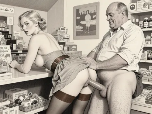 This is a detailed monochromatic pencil drawing in a classical illustrative style depicts a scene set in the 1920s in Germany, a grocery store, a beautiful sexy blonde mother with an elegant hairstyle, a frau with an hourglass figure, dressed in a 1920s summer dress, brown silk stockings, (big tits, wide hips), She's leaning low over the counter with the hem of her dress up and has sex with a an obese ugly old salesman 90yo standing behind of her and fucking her anus with a dick, a an obese old salesman is wearing shirt with the sleeves rolled up, his pants are down, his hairy legs are visible, Old salesman smirks maliciously, (anal sex scene in the store), dick going down into her asshole, (dick in anus), He holds Frau by the hips with his hands and vigorously moves his pelvis. Side view, The overall mood is intense, rendered in fine, expressive line work and subtle shading, evoking the style of 1950s satirical or moralistic illustrations.
