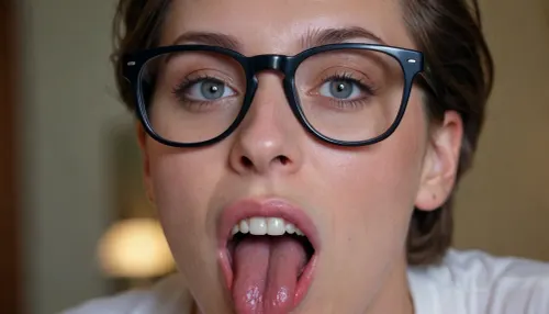 face covered in cum, glasses, eyes wide open, mouth open and tongue out