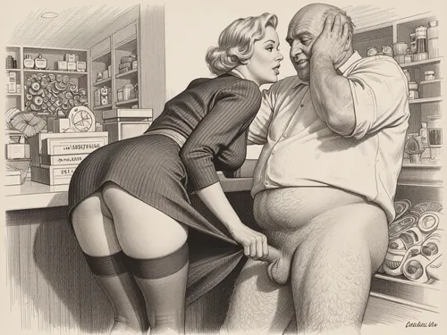This is a detailed monochromatic pencil drawing in a classical illustrative style depicts a scene set in the 1930s in Germany, a grocery store, a beautiful sexy blonde mother with an elegant hairstyle, a frau with an hourglass figure, curvy body, dressed in a 1930s strict dress dress, brown silk stockings, (wide hips), She's leaning low over the counter with the hem of her dress up and masturbates dick of a an obese ugly old salesman 90yo standing a front of her, ((her ass and labia are visible), a an obese old salesman is wearing shirt with the sleeves rolled up, his pants are down, his hairy legs are visible, Old salesman smirks maliciously, He rough holds Frau by head with his hands . Side view, The overall mood is intense, rendered in fine, expressive line work and subtle shading, evoking the style of 1950s satirical or moralistic illustrations.)