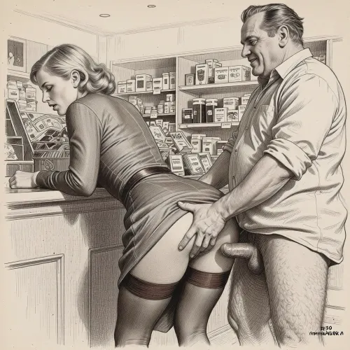 This is a detailed monochromatic pencil drawing in a classical illustrative style depicts a scene set in the 1930s in Germany, a grocery store, a beautiful sexy blonde mother with an elegant hairstyle, a frau with an hourglass figure, curvy body, dressed in a 1930s strict dress dress, brown silk stockings, (wide hips), She's leaning low over the counter with the hem of her dress up and has sex with a an obese ugly old salesman 90yo standing behind of her and fucking her anus with a dick, a an obese old salesman is wearing shirt with the sleeves rolled up, his pants are down, his hairy legs are visible, Old salesman smirks maliciously, (anal sex scene in the store), dick going down into her asshole, (dick in anus), He holds Frau by the hips with his hands and vigorously moves his pelvis. Side view, The overall mood is intense, rendered in fine, expressive line work and subtle shading, evoking the style of 1950s satirical or moralistic illustrations.