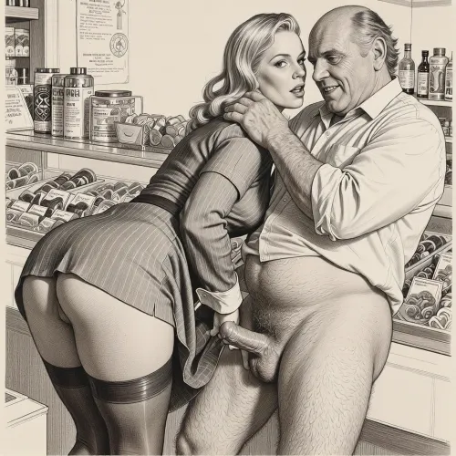 This is a detailed monochromatic pencil drawing in a classical illustrative style depicts a scene set in the 1930s in Germany, a grocery store, a beautiful sexy blonde mother with an elegant hairstyle, a frau with an hourglass figure, curvy body, dressed in a 1930s strict dress dress, brown silk stockings, (wide hips), She's leaning low over the counter with the hem of her dress up and masturbates dick of a an obese ugly old salesman 90yo standing a front of her, ((her ass and labia are visible), a an obese old salesman is wearing shirt with the sleeves rolled up, his pants are down, his hairy legs are visible, Old salesman smirks maliciously, He rough holds Frau by head with his hands . Side view, The overall mood is intense, rendered in fine, expressive line work and subtle shading, evoking the style of 1950s satirical or moralistic illustrations.)