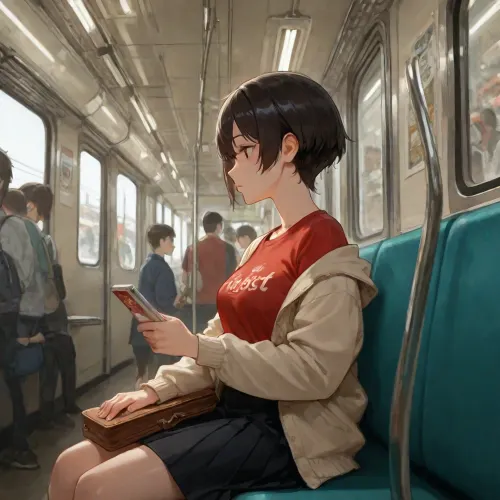 digital, painting, 1 girl, 22 years old, dark hair, very short hair shaved on one side, small tit, side view, full frontal, she is sitting in the subway, crowded subway, she is lost in her thoughts, she is blushing a lot, <lora:LaxpeintXL-2.0:.8>, <lora:cfg_scale_boost:.8>, wearing a skirt red tee-shirt and a jacket, she has a bag