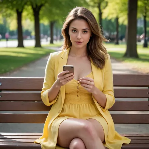 high resolution, ultra realistic, high sun light, summer, high details on face, perfect eyes, tan lines, light makeup, straight brown hairs, medium chested, 29yo, sitting on bench, panties visible, looking at her phone, yellow summer dress, white summer jacket, in public parc
