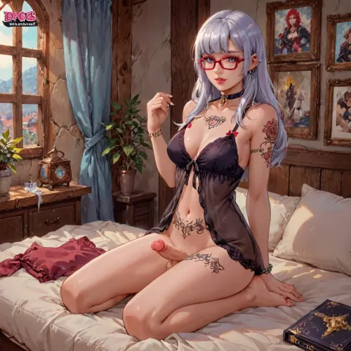 noelle from genshin impact dross style, reiq style, solo, goth shemale, long hair, glasses, bottomless, visible penis, negligee, bedroom, sit in dresser, erect-futa, erect-penis, woman, testicles, erection, full, body, tattoo, <lora:SDXLlora13ErFut:.8>, <lora:FBT-000002:1.9>, futuristic-fantasy-anime, <lora:futureistic_fantasy_anime_sdxl_v1:.8>, <lora:sd_xl_turbo_lora_v1-64dim:.8>