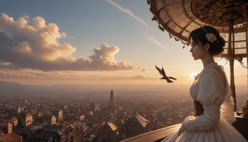 (steampunk entourage:1.7), a scene from a hand-drawn anime, (Masterpiece, best quality, high definition, ultra-detailed, highly detailed background), steampunk-style airship flying over the city in Victorian era style, evening, night, a moon in the sky, (view from long distance, view from afar:1.5), (bird's-eye view:1.6)