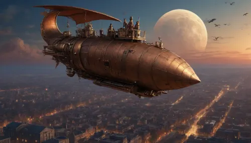 (steampunk entourage:1.7), a scene from a hand-drawn anime, (Masterpiece, best quality, high definition, ultra-detailed, highly detailed background), steampunk-style airship flying over the city in Victorian era style, evening, night, a moon in the sky, (view from long distance, view from afar:1.5), (bird's-eye view:1.6)
