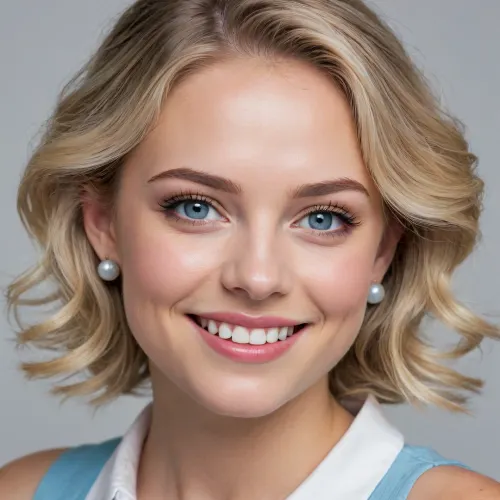 Close-up portrait of a young woman with light skin smiling slightly. She has short, wavy blonde hair with gray undertones and light blue-steel eyes. Her eyes are lined with blue-ice eyeliner. She is wearing pearl earrings and a white collared, sleeveless blouse. The background is plain white. The lighting is bright and even, without harsh shadows. The image has a realistic style with a focus on detail. Camera angle is a medium shot, slightly above eye level. Image quality is clear and well-defined.