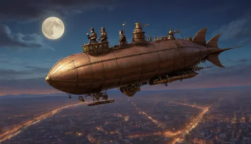 (steampunk entourage:1.7), a scene from a hand-drawn anime, (Masterpiece, best quality, high definition, ultra-detailed, highly detailed background), steampunk-style airship flying over the city in Victorian era style, evening, night, a moon in the sky, (view from long distance, view from afar:1.5), (bird's-eye view:1.6)