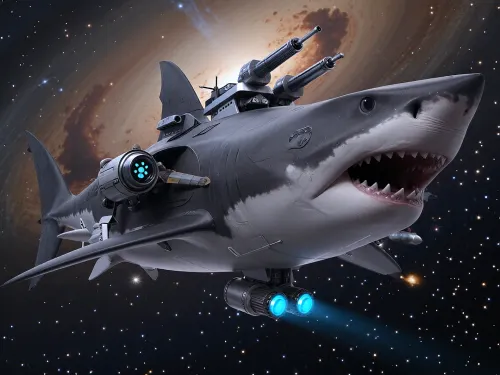 A spaceship whose appearance is modeled after a shark. The ship is gigantic. Visible weapons systems include artillery turrets, lasers, and kinetic cannons. In the background, space, nebulae, and galaxies are visible.