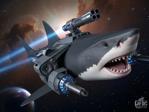 A spaceship whose appearance is modeled after a shark. The ship is gigantic. Visible weapons systems include artillery turrets, lasers, and kinetic cannons. In the background, space, nebulae, and galaxies are visible.