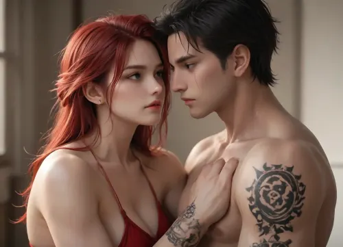 A strong muscular man with black hair and a scar on his face, he has a big back tattoo, together with a woman with red hair.