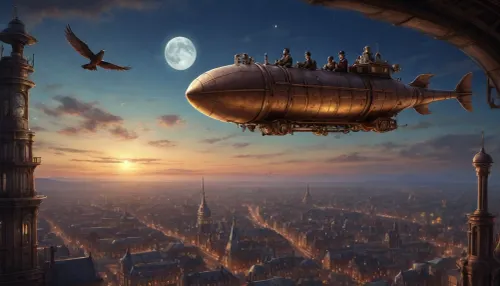 (steampunk entourage:1.7), a scene from a hand-drawn anime, (Masterpiece, best quality, high definition, ultra-detailed, highly detailed background), steampunk-style airship flying over the city in Victorian era style, evening, night, a moon in the sky, (view from long distance, view from afar:1.5), (bird's-eye view:1.6)