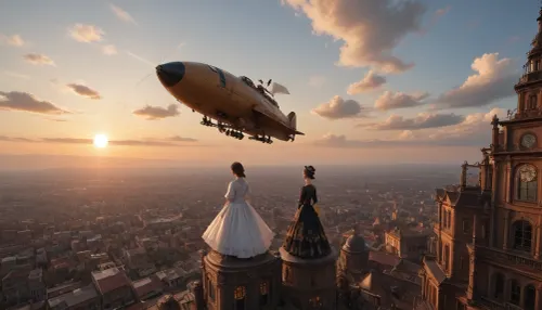 (steampunk entourage:1.7), a scene from a hand-drawn anime, (Masterpiece, best quality, high definition, ultra-detailed, highly detailed background), steampunk-style airship flying over the city in Victorian era style, evening, night, a moon in the sky, (view from long distance, view from afar:1.5), (bird's-eye view:1.6)