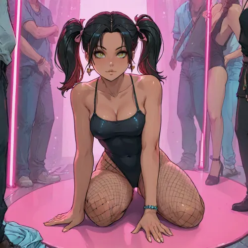 (((Melkor mancin mix markgavatino mix cutesexyrobutts style))), reiq style, masterpiece, super ultra detailed, super high resolution, (perfect small details, perfect quality, ultra perfect quality, perfect detailing), lora, add-detail-xl, 2, 1 woman 40yo on dance floor in club night, peoplein back ground, pink neon light, double pigtails, black hair, (blonde highlights:.6), black hair color, (black skin:1.5), fishnet on arms and legs, black one piece swim suit, (huge round natural saggy boobs:1.3), (extreme wide yellow eyes:1.3), perfect face, big hips. thin waist, style, negativeXL_D, <lora:Tsune_XL:1>, <lora:EnvyPastelAnimeXL01:1>, <lora:Gemini_Manga-000015:1>, <lora:LCMTurboMix_Euler_A_fix:.01>
