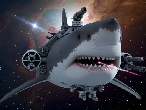 A spaceship whose appearance is modeled after a shark. The ship is gigantic. Visible weapons systems include artillery turrets, lasers, and kinetic cannons. In the background, space, nebulae, and galaxies are visible.