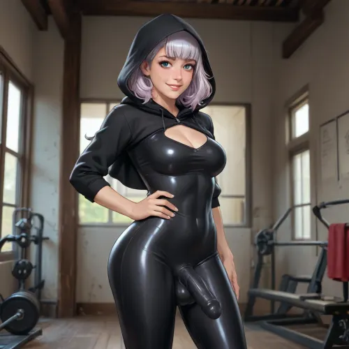 noelle from genshin impact dross style, reiq style, (Futanari:1.5), 20 years old, (solo:1.3), (medium penis:1.4), (smiling:1.6), erect penis, erect-futa, Fitness Babe, freckles, attractive face, beautiful face, perfect face, blue eyes, large natural breasts, fit, tall, wavy hair, platinum silver dyed hair, (massive natural ass:1.3), thick thighs, cleavage cutout, stunning background, relaxed dominant pose, dominant glare, looking hungrily at viewer, come hither face, award winning picture, solo futa, black coveralls, black yoga pants, (black hood:1.4), sweaty, French, (cock outline:1.3), photorealistic, <lora:add-detail-xl:.8>, <lora:HandFineTuning_XL:1.2>