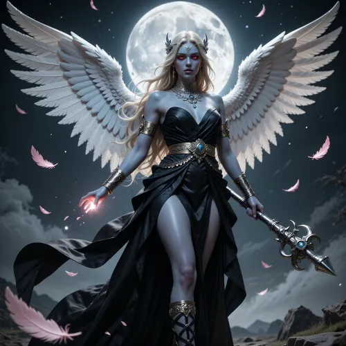 A divine angelic female figure with pale blue skin and long flowing blonde hair adorned with intricate silver jewelry and red glowing eyes. She wears a flowing, black Grecian-style gown with a golden belt and golden armbands. Her left hand is outstretched, glowing faintly, while her right hand holds a detailed silver mace. She possesses large, feathered white wings spread wide. She wears tall, strappy black sandals.

A night sky, dominated by a massive, detailed full moon. Several delicate pink feathers are depicted drifting in the air around her.

High-fantasy digital photography. The photorealistic style evokes epic fantasy with elements of classical sculpture and divine imagery. The color palette is dominated by the shimmering black of the gown, contrasted with the cool blue of the skin and the pristine white of the wings, against a muted, atmospheric background.

Soft, diffused light emanates from above and slightly to the front, highlighting the subject's features and the textures of her wings and gown. Subtle rim lighting defines her form against the darker background. The light catches the metallic elements of her accessories and the feathers, creating a luminous, otherworldly glow.

A dramatic, slightly low-angle shot that emphasizes the grandeur of the angelic figure. The subject is centrally framed, with her expansive wings filling a significant portion of the upper frame. The composition uses leading lines from the flowing fabric and the angle of the wings to draw the viewer's eye towards her. The depth of field is shallow, with the foreground subject in sharp focus and the background elements softly blurred.