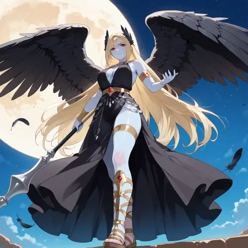 A dark angel, standing against the night sky, backlit by a full moon.

A divine female angel, (pale blue skin:1.1), with long flowing blonde hair adorned with silver chains and small blue gems, glowing red eyes, (determined expression:1.2), wearing a flowing, ((translucent black Grecian gown)), with a golden belt and straps, (gladiator sandals:1.1), and a silver mace-like in her left hand, outstretched right hand, (large black feathered wings:1.3), spread wide, floating gracefully again the night sky, shot from a low angle, medium close-up, soft ethereal lighting, dreamlike atmosphere, digital art, fantasy illustration, epic scale, (detailed feather texture:1.2), dramatic composition, artstation trending.