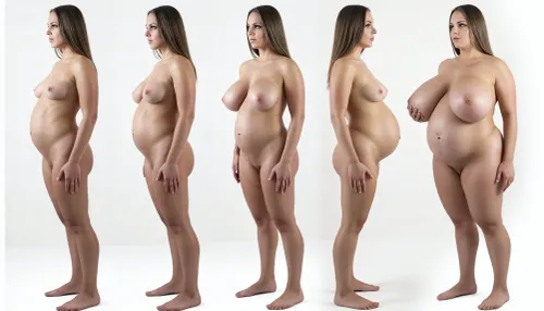 medical poster of a curvy woman standing up straight, viewed from the side, (showing body changes every monthly during a full pregnancy:1.5), ((woman is shown with a flat chest and belly, to the woman is shown at nine months pregnant with a huge pregnant belly and extreme large gigantomastia breasts:1.7)), full body, revealing unusually massive and large naked breasts, lecture, lexica, medical study, body worlds, detailed face, very detailed, sharp details, showing full body including face and feet