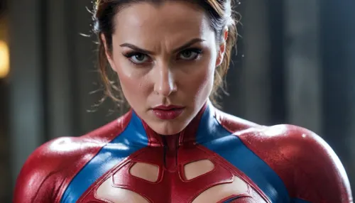 beautiful sexy busty female superhero sucking a hard veiny cock with cum on her face and looking at the camera