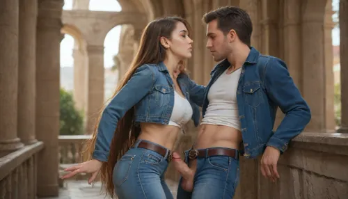 couple sex the golden arch position side, kissing, very sexy, very attractive, both male and women wearing fully clothed blue trucker denim jacket with long sleeves, belt and long tight jeans, penis erected visible, tits visible, both visible full entire bodies, very long silky hair