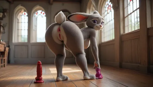 masterpiece, best quality, high resolution, hires, score_9, score_8_up, score_7_up, score_6_up, The background is a cozy house, (((Judy Hopps from Zootopia:1))), ((anthro, furry, grey fur, body fur, grey skin)), (((1girl))), tall anthropomorphic rabbit-woman, long ears, soft smiling face, ((red cheeks:1.1)), motherly and shy expression, ((massive milky soft breasts:1.1)), ((saggy boobs:1.2)), (((wide curvy hips:1.2))), soft full figure, ((thick thighs:1.2)), hourglass shape, matronly and nurturing body, standing pose, warm and inviting aura, warm colors, fantasy style, full body, high detail, cel-shaded, soft lighting, game character design, anime-inspired proportions, smooth clean linework, detailed fur, fursuit, ((clubfoot:1.2)), ((Dildo in Ass)), (half-shot), (ass to the viewer), ((naked ass)), ((shows anus and pussy)), (((She looks at the viewer with displeasure))), (((Dripping wet Pussy))), <lora:FursuitXL:1.5>, <lora:SDXLHighDetail_v6-000005:1.1>