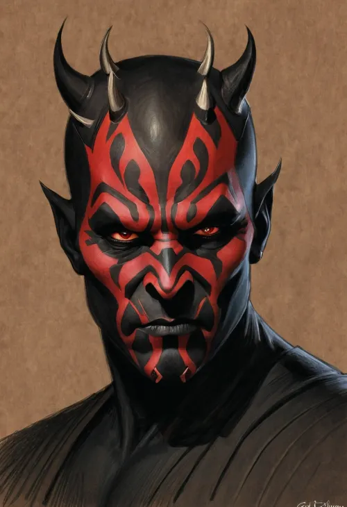 Glen Keane character concept art black and white pencil sketch of Darth Maul Shadow Lord. rough pencil sketch in the style of Glen Keane, rough pencil sketch, close up, loose Disney-style character concept art sketch, nice sketchy pencil strokes, Disney character design sketch, pencil texture, a concept art pencil sketch of Darth Maul Shadow Lord, in the style of Glen Keane.