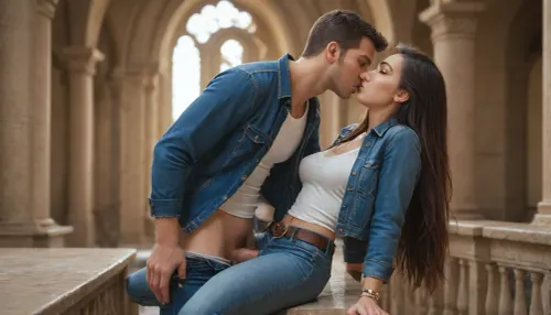 couple sex the golden arch position side, kissing, very sexy, very attractive, both male and women wearing fully clothed blue trucker denim jacket with long sleeves, belt and long tight jeans, penis erected visible, tits visible, both visible full entire bodies, very long silky hair