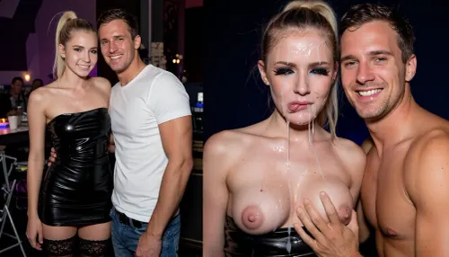 8k uhd, dslr, highest quality, side-by-side two selfie-pictures of the same couple, man and woman, man with brown hair and normal body, woman with blond hair and ponytail, one picture before the sex party and second picture after the sex Party. before the party woman looks shy and happy with a shiny black latex dress and black lace stockings, and nice make-up with black mascara eyes and fake lashes, man is on the left side of the picture wearing blue jeans and a white t-shirt, man is smiling into camera, after the sex party on the second picture woman´s face is completely covered in cum, dark background, her shiny black latex dressed is pulled down to show her tits full of gooey cum, an excessive amount of cum is on her face and in her mouth, cum is dripping down on her chest, her body and clothes are soaking wet, her fake lashes are hanging down and her make-up is ruined and destroyed, her hair is wet and messy, sticky cum and slime in her messed up hair, she is spitting out cum and saliva, thick strings of saliva are dripping down her chin on her cleavage, she is looking disgusted and sad, she is crying black tears, her face is completely destroyed, the man is now in the right side of the picture and naked with oiled body, sweaty and wet, his hair us messed up and wet from sweat, he is holding woman´s tits with his hands, he is smiling satisfied into the camera. Please make an extreme contrst from first picture to second picture. the woman has to be the same woman on both pictures. the man has to be the same man on both pictures.
