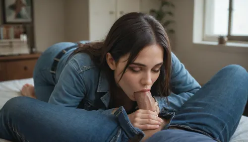 couple sex blowjob suck dick position side, very sexy, 25 years, very attractive, both wearing blue trucker denim jacket with long sleeves, belt and long tight jeans, penis visible, tits visible, both visible full entire bodies, very long silky hair