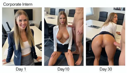 a 21 year old woman, athletic, beautiful, smooth tanned skin, long blonde hair, (Three-panel split image, clean vertical divides:1.5), corporate office conference room with a table, caption at top of picture "Corporate Intern". Left panel, Business outfit with jacket and skirt, smiling, eager expression, standing in front of table, caption below picture, "Day 1".
Middle panel, Business skirt, on her knees on the floor, blouse open and unbuttoned, big breasts, cum on face and breasts, man stands beside her naked, cock in her mouth, concerned expression, 3/4 body view, "Day 10".
Right panel, bending over table, view from behind hands on table, Business skirt pulled down to thighs, looking over shoulder, panic expression, view of pussy from behind, man stands behind her naked, erect cock, cum on her ass, cum dripping out of her pussy, he has his fingers in her asshole "Day 30".