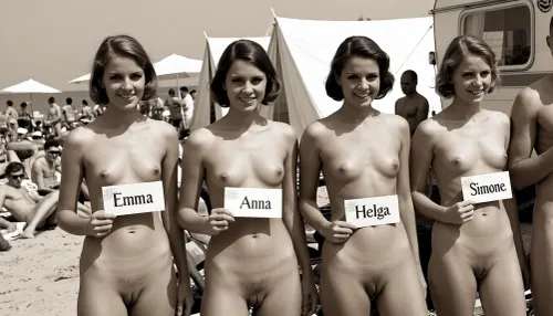 Vintage nudist strand wettbewerb: vier mädchen glänzen in 1960s sonnlicht
