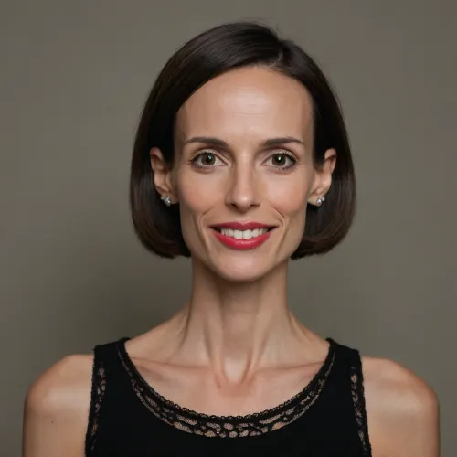 Front face portrait, woman, mid-50s, high-society, upper-class, cold elegance, aristocratic, mom, divorced, fit, muscular, sporty, (skinny:1.5), oval face, dark hair, wide box bob haircut, no bangs, exposed forehead, skinny neck, hazel eyes, shy smile, almond eyes, (thin nose, slender nose:1.6), (wide mouth:1.7), small forehead, thin eyebrows, round cheeks, soft jawline, red lipstick, grey background, lace top