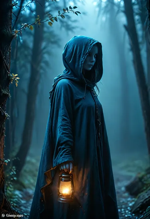 (Dark Fantasy Artwork), artistic, low angle, surreal, cursed, female blue ghost with hooded cloak, full-body-view, face hidden in dark shadow, faceless, dark background, glowing blue, natural beauty, /KlTTY-ART/, <lora:COMFYUI_mimic_landscape_-_XL_SDXL v2.0:.1>, <lora:attractive_notrigger:.1>, <lora:PerfectEyesXL:.1>, <lora:MJ52:.1>