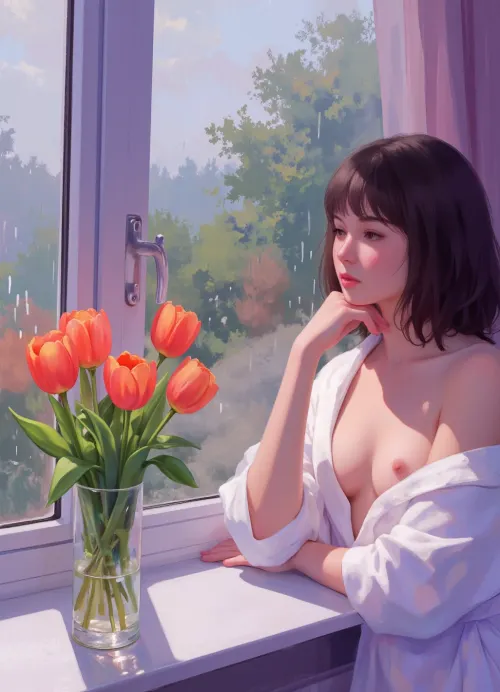 An impressionistic painting captures a contemplative moment by a rain-streaked window. A clear glass vase, filled with a vibrant bouquet of five coral-orange tulips and delicate green foliage, rests on a windowsill. A woman in her early 20s with shoulder length dark hair rests her chin on her hand as she gazes pensively out the rain streaked window. Her bathrobe has slipped off one shoulder revealing her nipple. The background is a soft, hazy depiction of an overcast rainy day, with muted greens and grays suggesting trees and a brooding sky obscured by downpour. Visible raindrops cling to the glass of the window. The windowsill and surrounding window frame are rendered in soft purples and blues, with visible brushstrokes adding texture. The lighting is thin and watery and diffused with minimal shadows, creating a pensive, slightly melancholic atmosphere. The composition is intimate, focusing on the juxtaposition of the vibrant color of the flowers and the gloomy surroundings. The overall mood is contemplative and melancholy, evoking the quiet introspection of a rainy afternoon. The style is reminiscent of post-impressionism, with a focus on light and color., soft, pastel, anime, <lora:Soft_Pastels_Anime_-_FLUX:.8>