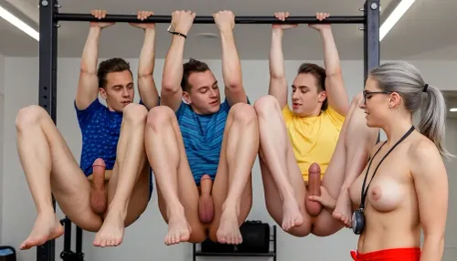 Three sporty men are hanging on the crossbar holding onto it with their hands above their heads, feet do not touch the ground, embrassed. every men a colorful shirt, barefoot. all men with realistic detailed erect penises, A female coach with is staying near by, has a stopwatch hanging around her neck. The men look attentively at the older female coach., (the female coach touching two penises of two man), (nude female coach, shaved pussy, hanging tits, stiff nipples, grey hair in ponytail, glasses, interested smile)