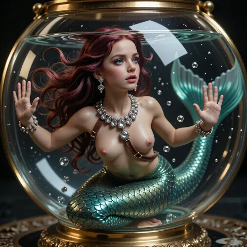 A miniature mermaid, 3 centimeters tall, with flowing deep red hair, swims inside a round goldfish bowl, the bowl has an elegant metallic rim and decorative base, her shimmering green fish tail is detailed with individual glistening scales, she wears a wide diamond-studded necklace from which a leather leash, also adorned with diamonds, extends, her hands press flat against the inner glass, reflections of the water surface ripple across her skin, bubbles rise around her, her facial features are intricately detailed and beautiful, diamonds catch the light as she gazes outward, the goldfish bowl fills the frame, maximizing the mermaid’s presence, with a cinematic, highly detailed photorealistic depiction of skin texture, shimmering scales, and sparkling diamonds.