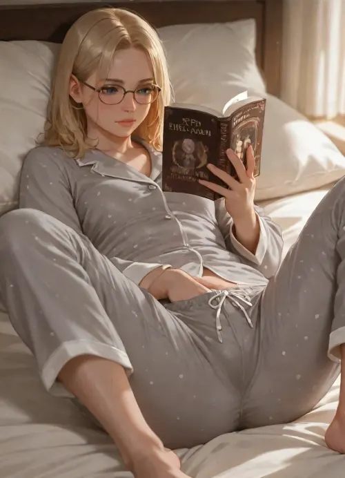 photorealistic, high quality, woman, (short blonde hair), freckles, glasses, reading book, flat chest, (plump:1.1), (grey pajamas), (), (on bed), hand in pants, legs spread wide