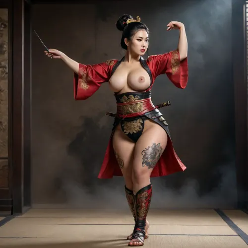 A beautiful Japanese female samurai with a voluptuous hourglass figure, very wide hips, large full breasts, thick voluminous thighs, round toned buttocks, and a strong wide muscular back. She is standing on her tiptoes, gracefully stretching her entire body upwards, both arms fully extended high above her head, elegant yet powerful pose. Side view, (three-quarter side angle), dynamic and athletic posture that emphasizes her curves.

Long glossy black hair gathered in a high neat topknot bun secured with two ornate golden kanzashi hairpins. Her entire body is covered in a large, continuous, highly detailed fiery red Japanese dragon tattoo flowing from her wrists across the arms, shoulders, back, torso, hips, and down the legs all the way to her ankles. The dragon has intricate scales, flames, and dynamic movement.

She wears partially removed dark traditional samurai armor elements, (shoulder guards, arm guards and waist armor), leaving most of her body exposed to showcase the full tattoo. Cinematic dramatic lighting, moody dark atmosphere, strong side lighting with deep shadows and beautiful rim light highlighting her silhouette and curves, photorealistic, highly detailed skin texture, 8k, masterpiece, best quality, epic composition