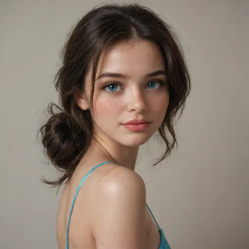 Create a breathtaking 8k high resolution ultra-realistic photograph. milox_babes, sensual model, pony tail hair, side view, cover Russian lady is pretty, ((very light pale blue eyes)), alone, one skinny woman, (((cute brunette))), (ultra pretty high detail face), makeup, 18 year old, expressive eyes, light reflecting in her eyes, white skin, ((pony tail)), photorealistic, cute, gorgeous face, blushing, ((black hair)), beautiful female, glossy full lips, lips curled into a kissable smile, The overall mood is one of raw sensuality, glamour, and unapologetic sexual confidence, freckles, 4ng3l, face, <lora:SdXL_better freckles_epoch_16:1.5>, <lora:SDXL_BetterFaces-LoRA_v1:1.4>